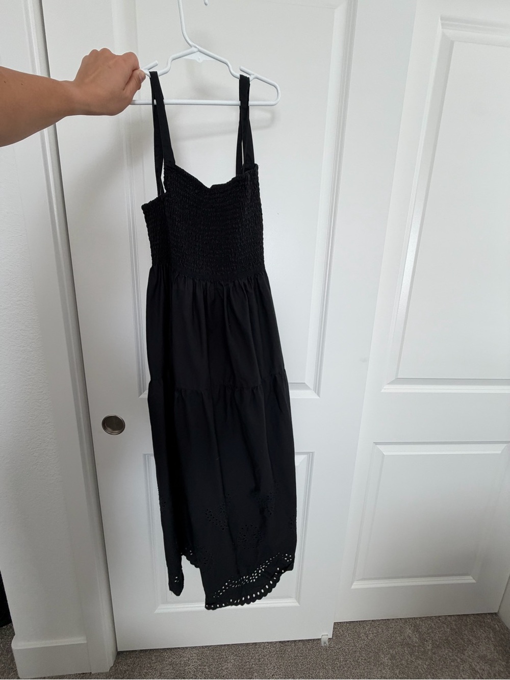 Zara Black Smocked Midi Dress with Eyelet Hem